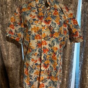 Izod Men's Short-Sleeve Tropical Floral Shirt - Blue, Orange, Yellow